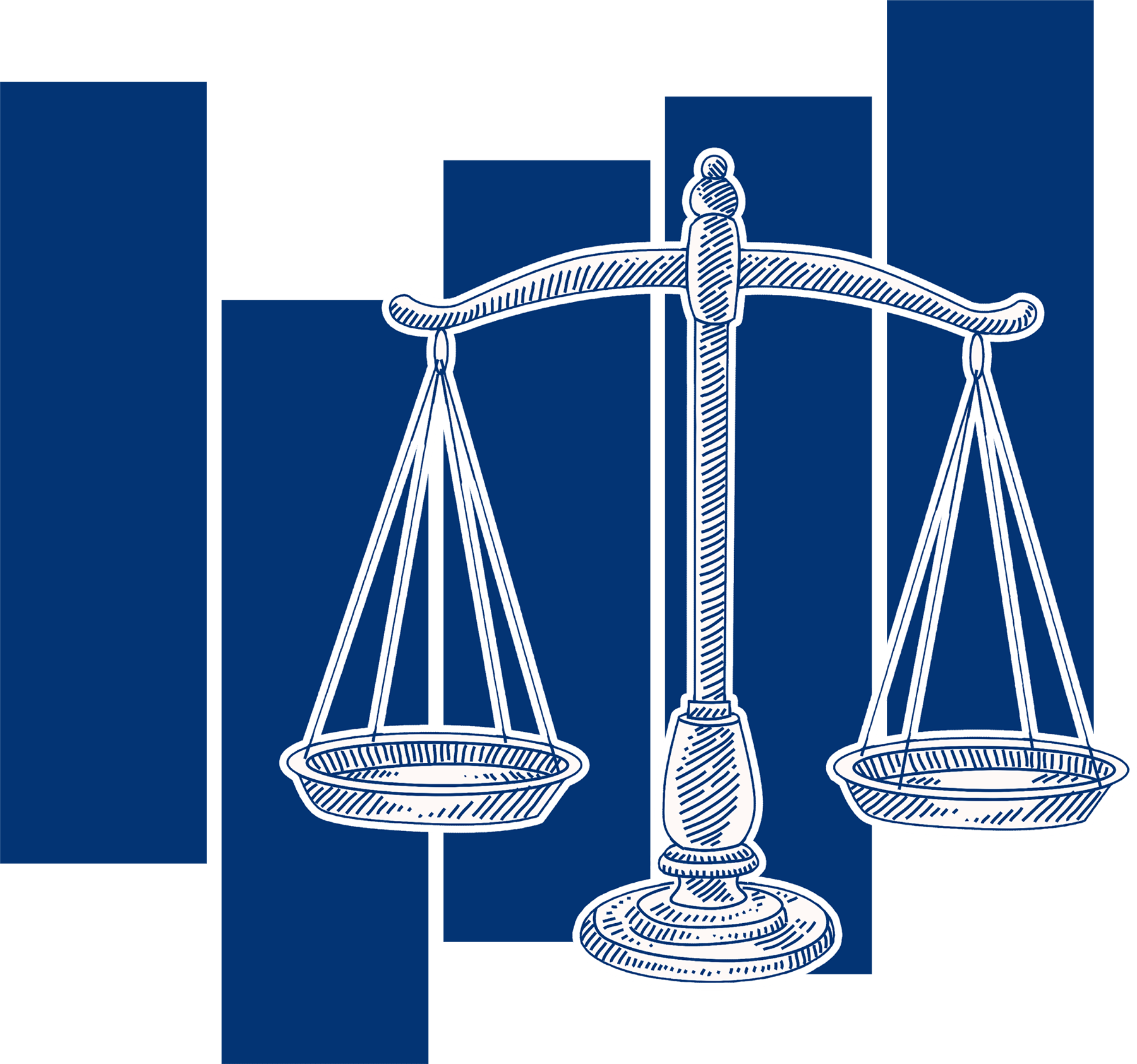 Illustration of scales of Justice in front of blue vertical bars