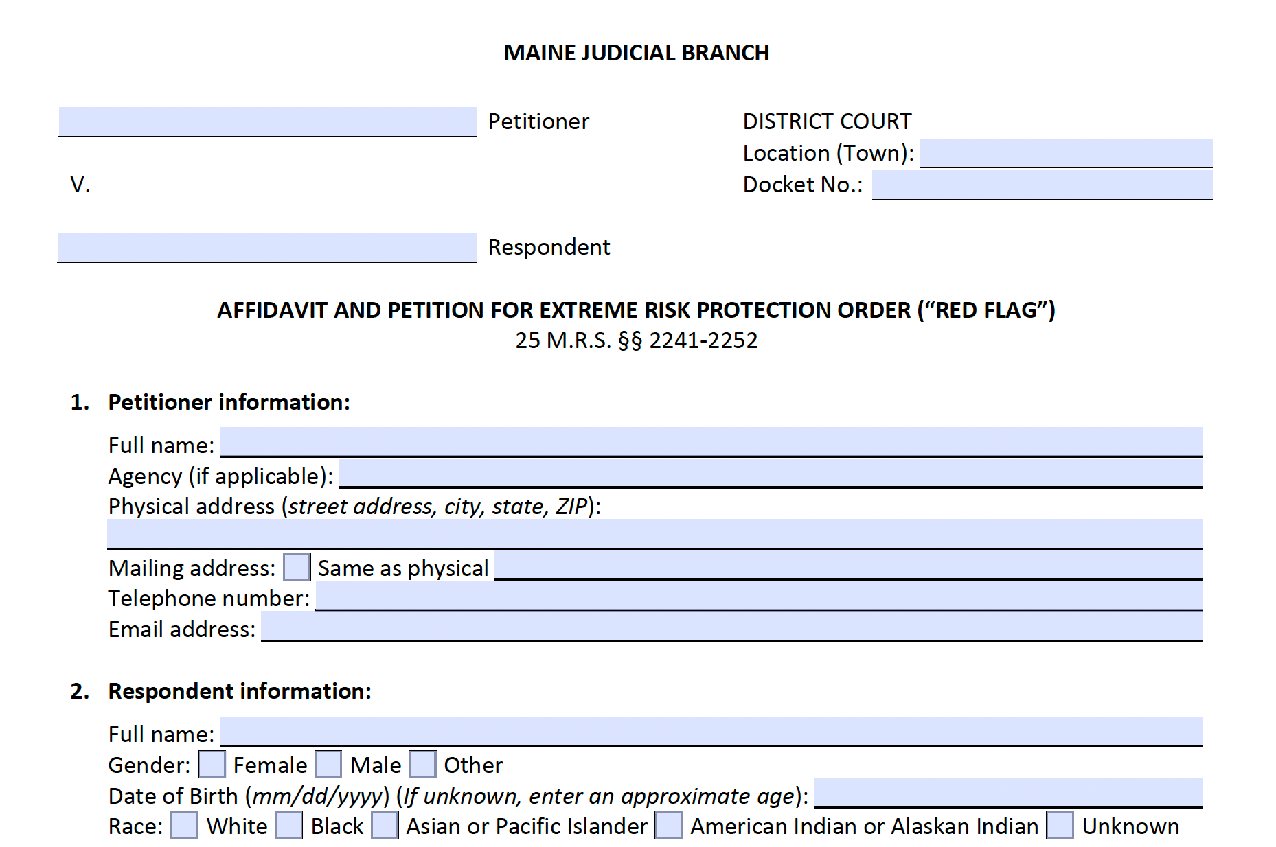 Screenshot of Affidavit and Petition for ERPO ("Red Flag") - from the Maine Judicial Branch