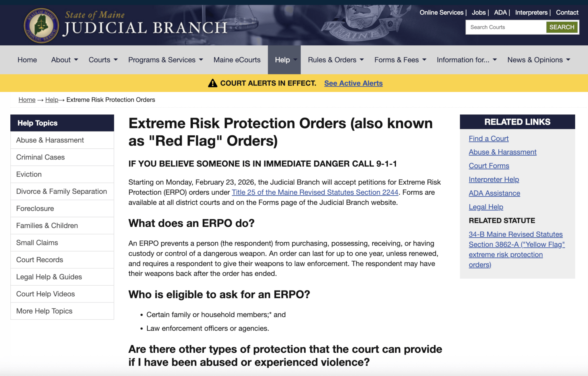 Screenshot of https://www.courts.maine.gov/help/erpo.html page